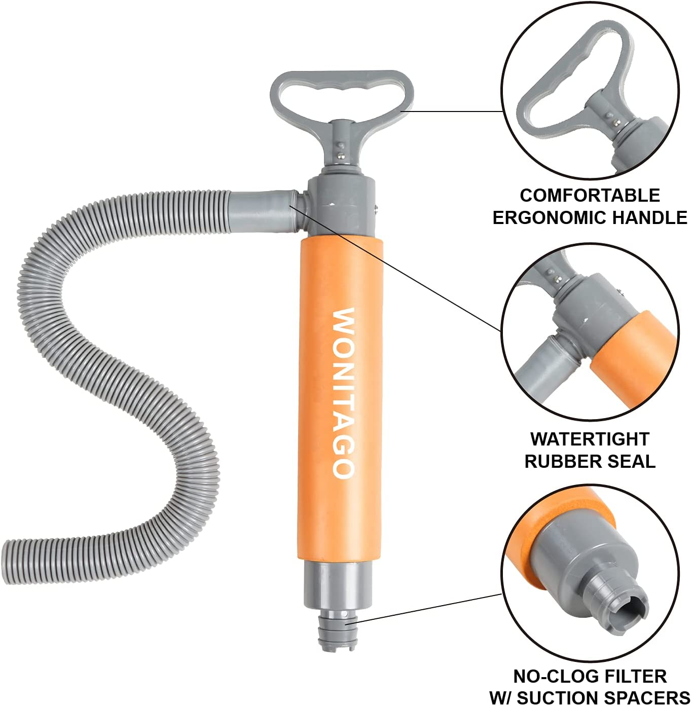 LINGVUM Bilge Pump for Kayak Canoe and Boat - 17 Inch Manual Portable Kayak Hand Water Pumps with Reversible Hose Orange