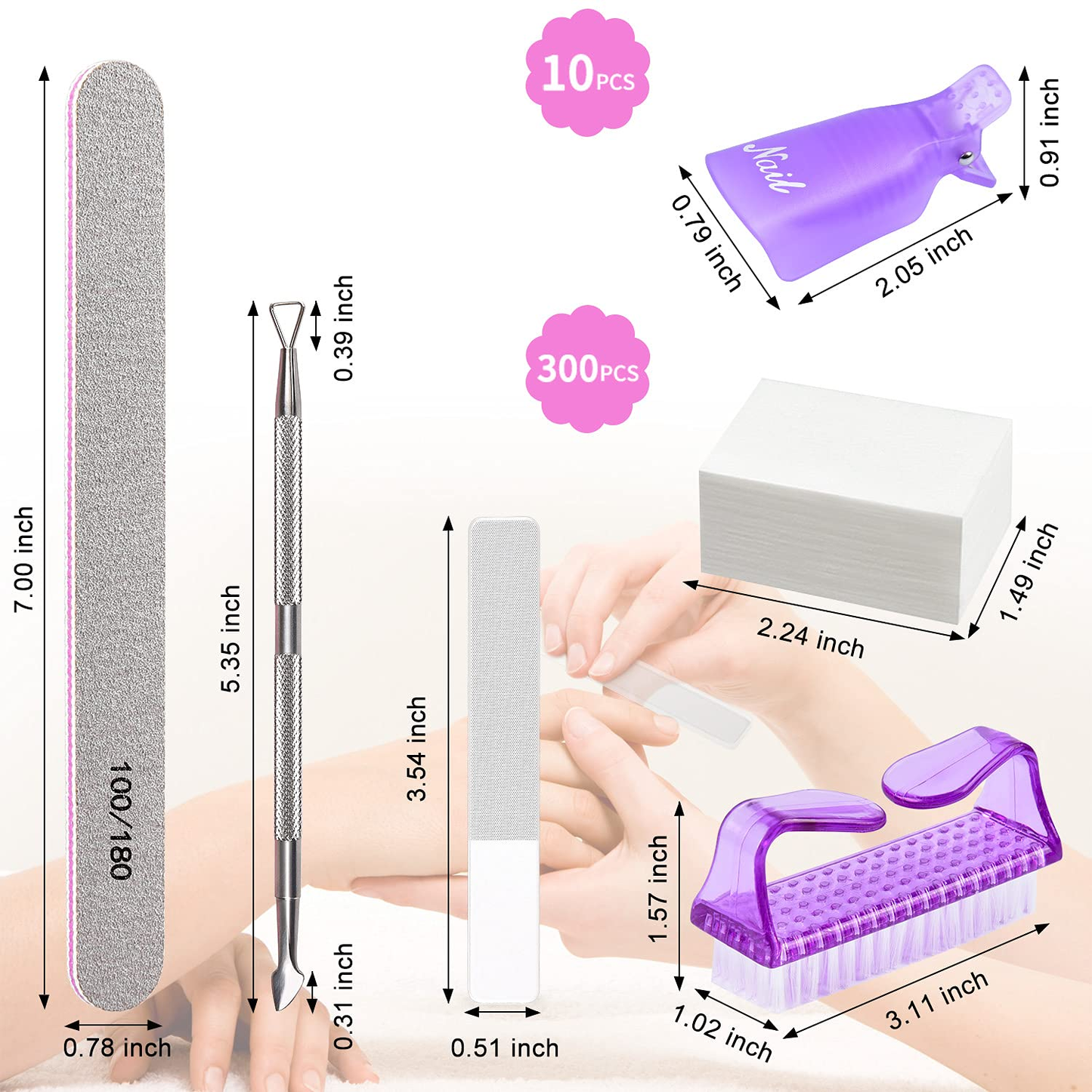 Nail Polish Gel Remover Tools Kit,Morgles 10Pcs Gel Clip Remover 300 Pack Nail Wipe Cotton Pads Nail Files 100/180 Nano Glass Nail File Stainless Steel Cuticle Peeler and Nail Brush (Muti-Colour)