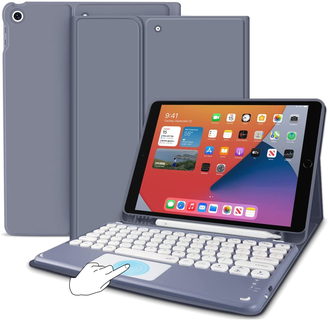 JKSML Touchpad round Key Keyboard Case for Ipad 9Th/8Th/7Th Generation with Pencil Holder,Magnetically Detachable Wireless Bluetooth Keyboard Cover for Ipad 10.2 Inch (2021/2020/2019 Model), Purple