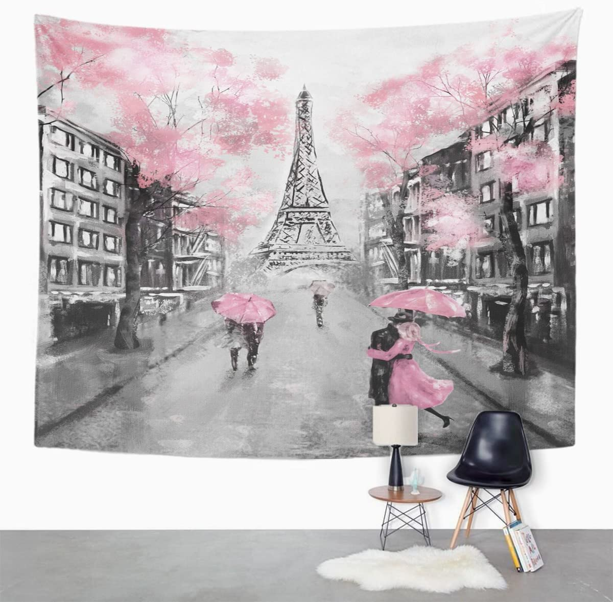 TOMPOP Tapestry Oil Painting Paris European City Landscape France Eiffel Tower Black White Pink Grey Modern Couple under Home Decor Wall Hanging Living Room Girls Bedroom Dorm 60X80 Inches