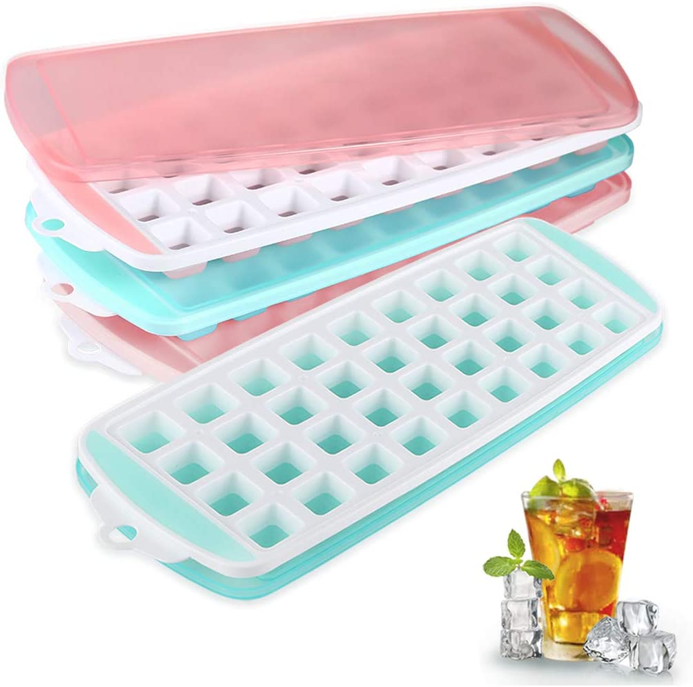 Small Ice Cube Tray with Lid - 4 Pack Stackable Mini Square Ice Trays, ZDZDZ Silicone Ice Cube Molds for Freezer Whiskey Cocktail Juice