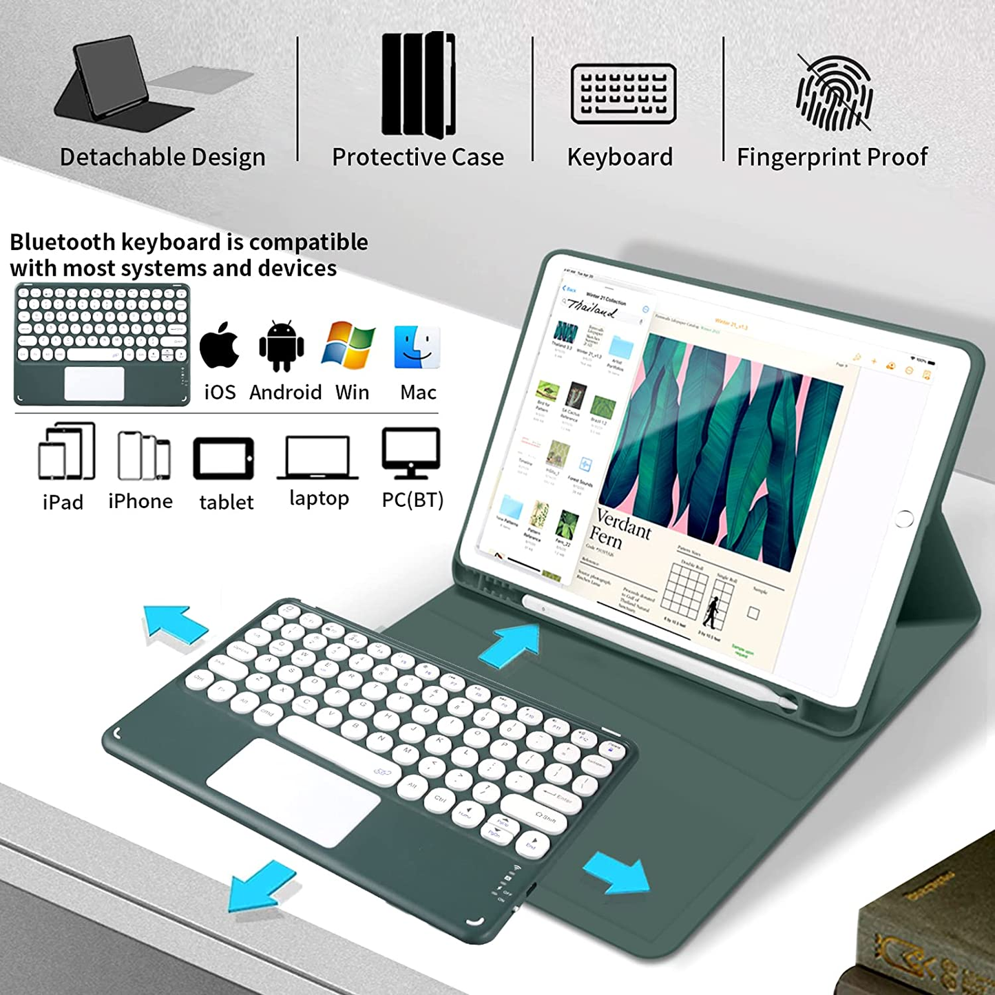 JKSML Touchpad round Key Keyboard Case for Ipad 9Th/8Th/7Th Generation with Pencil Holder,Magnetically Detachable Wireless Bluetooth Keyboard Cover for Ipad 10.2 Inch (2021/2020/2019 Model), Purple