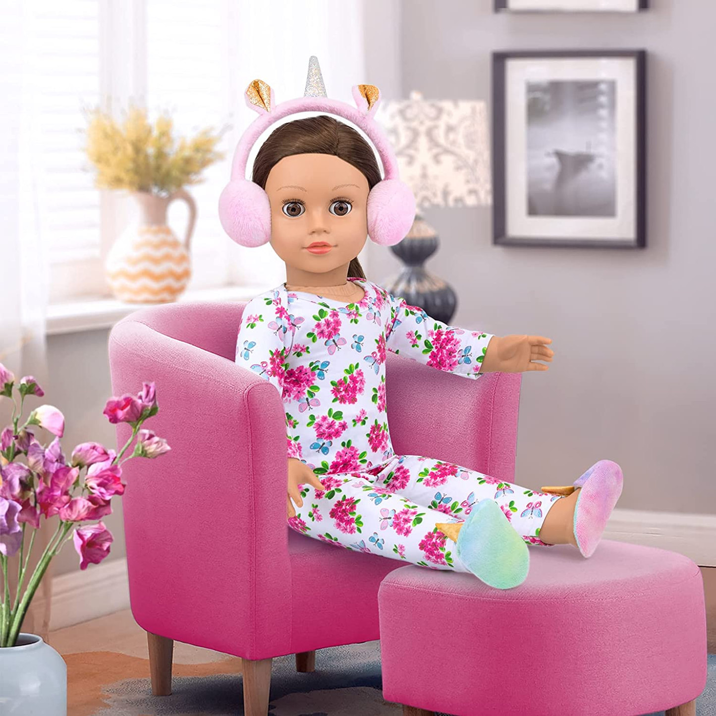 K.T. Fancy 8 PCS American 18 Inch Girl Doll Accessories Sleeping Bag Set Butterfly Flower of Sleeping Bag Clothes Pillow Pink Eye Mask Slipper&Earmuffs