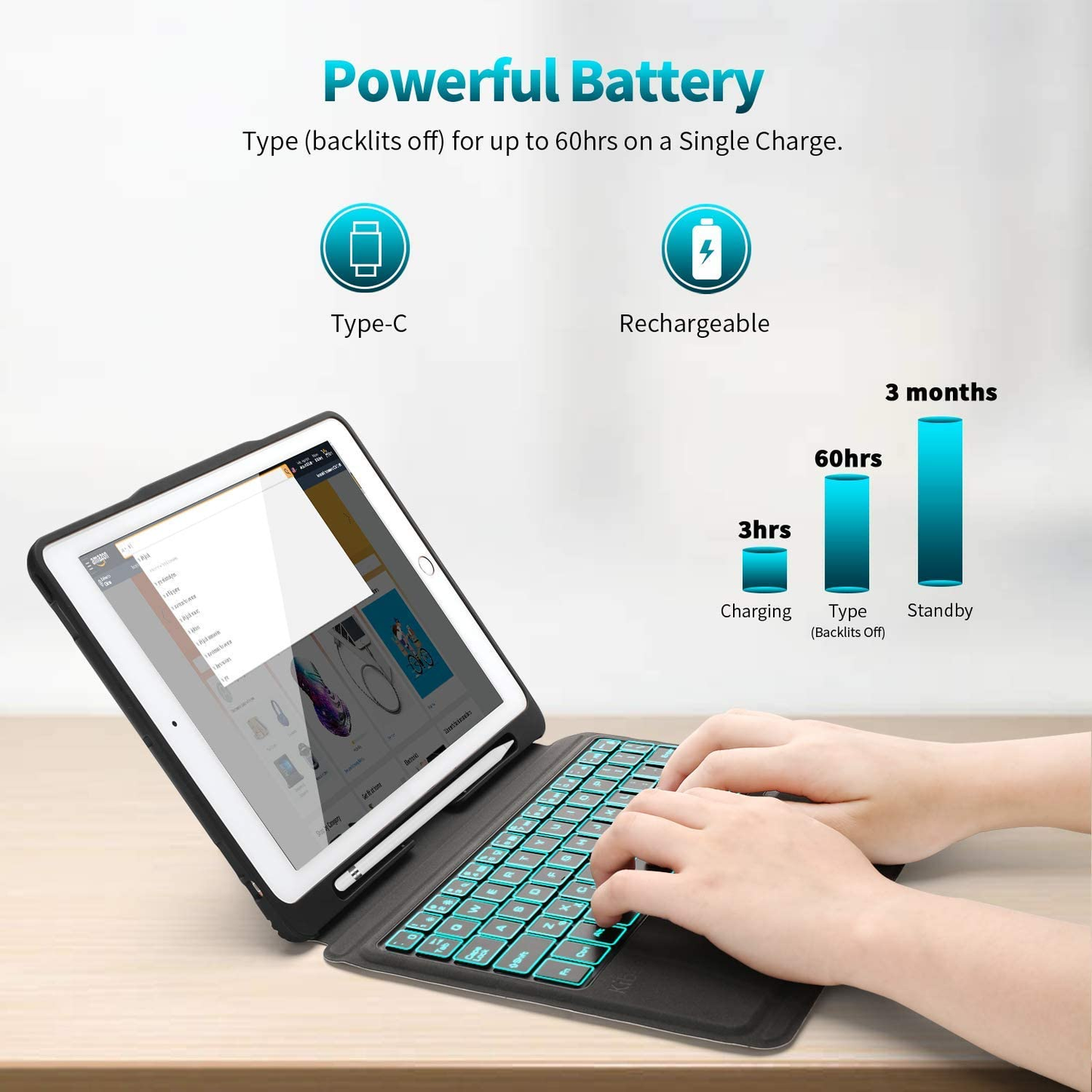 Kibbol Touchpad Ipad Keyboard Case for Ipad 10.2" 9Th Generation (2021)/8Th/7Th Gen, Pro 10.5, Air 3 - Precisive Trackpad, 7-Color Backlit, Easy Pairing - Detachable Bluetooth Keyboard Folio (Black)