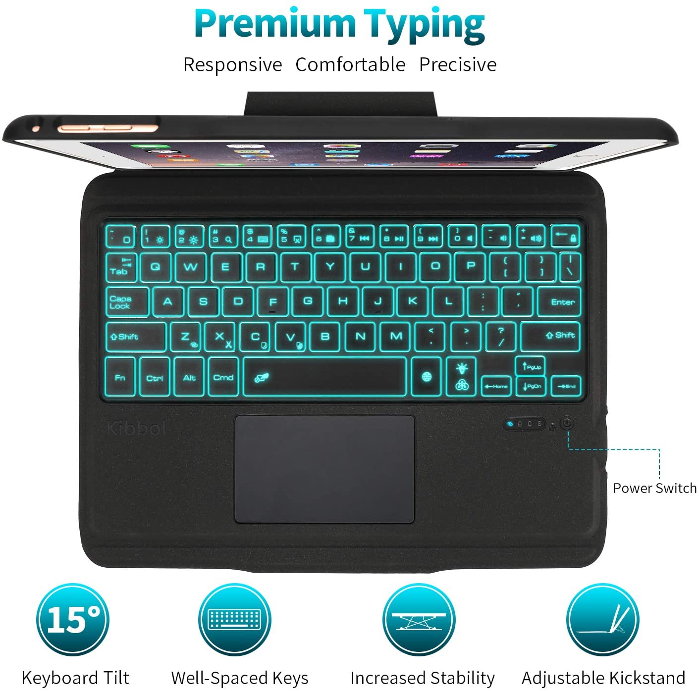 Kibbol Touchpad Ipad Keyboard Case for Ipad 10.2" 9Th Generation (2021)/8Th/7Th Gen, Pro 10.5, Air 3 - Precisive Trackpad, 7-Color Backlit, Easy Pairing - Detachable Bluetooth Keyboard Folio (Black)