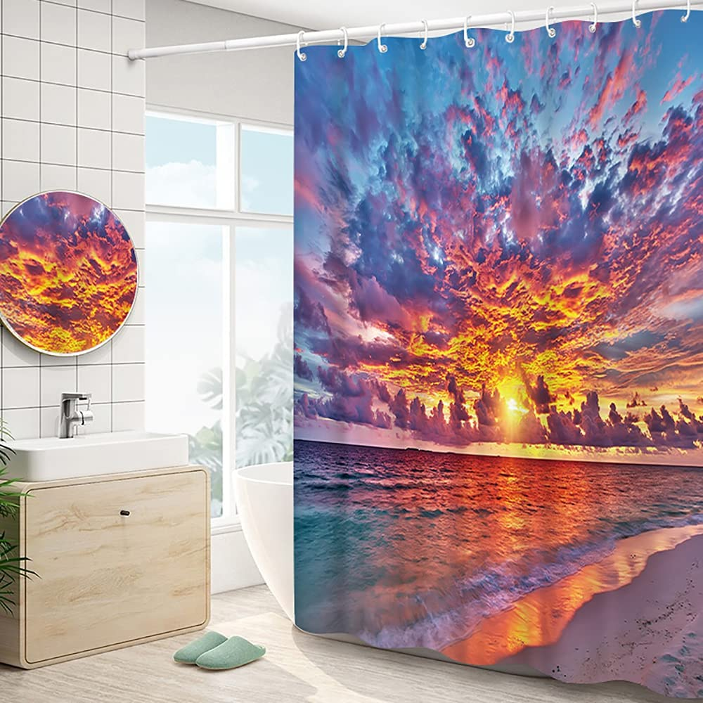 Wallall Beach Sunrise Shower Curtain Seaside Sunset Clouds Bath Curtain Coastal Orange Sun Rays Home Curtain Ocean Landscape Fabric Bathroom Curtains 72X72Inch with 12PCS Hooks