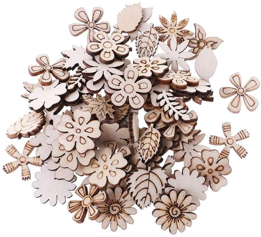 Haiabei 300 Pcs Mixed Flower Leaf Pattern Wooden Scrapbooking DIY Handmade Crafts Children DIY Graffiti Home Decor,Style Random