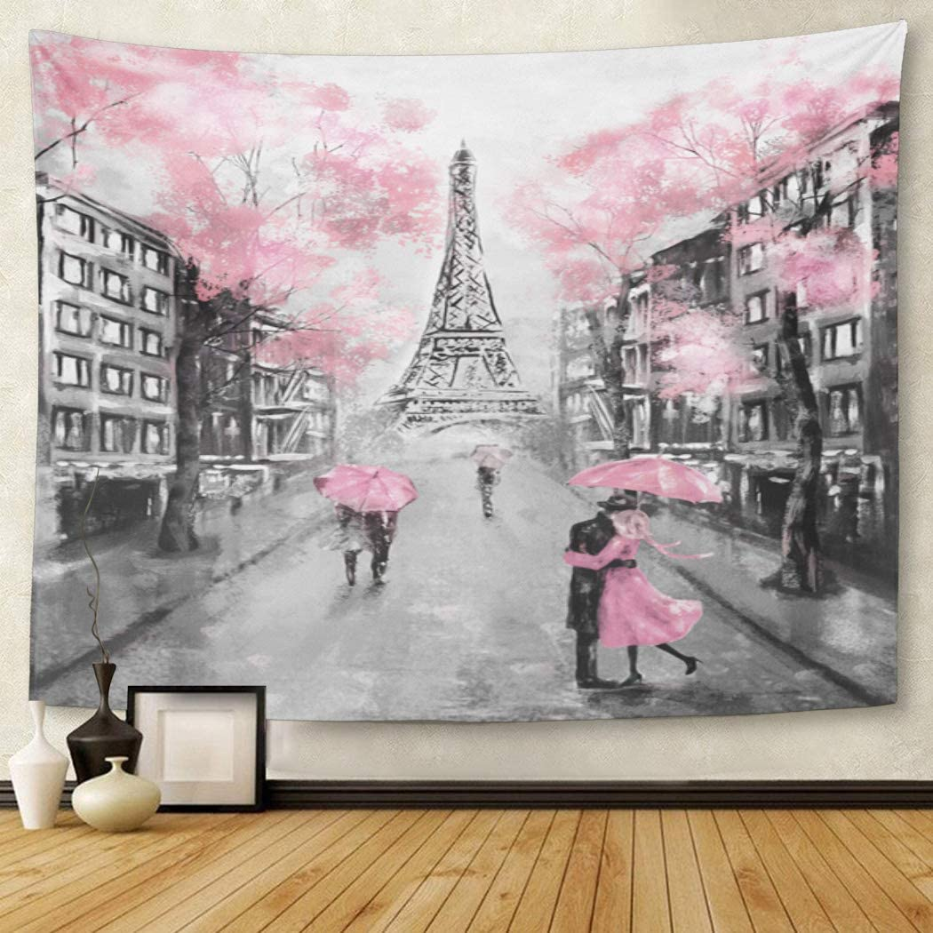 TOMPOP Tapestry Oil Painting Paris European City Landscape France Eiffel Tower Black White Pink Grey Modern Couple under Home Decor Wall Hanging Living Room Girls Bedroom Dorm 60X80 Inches