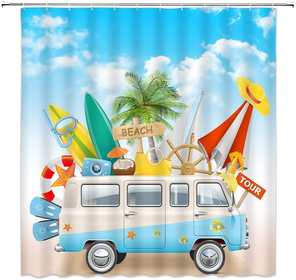 Surfboard Shower Curtain Retro Tour Bus Beach RV Camping Palm Tree Blue Sky White Clouds Summer Holiday Vacation Coastal Traveling Polyester Fabric Bathroom Curtain 90 X 70 Inch with Hook Hole