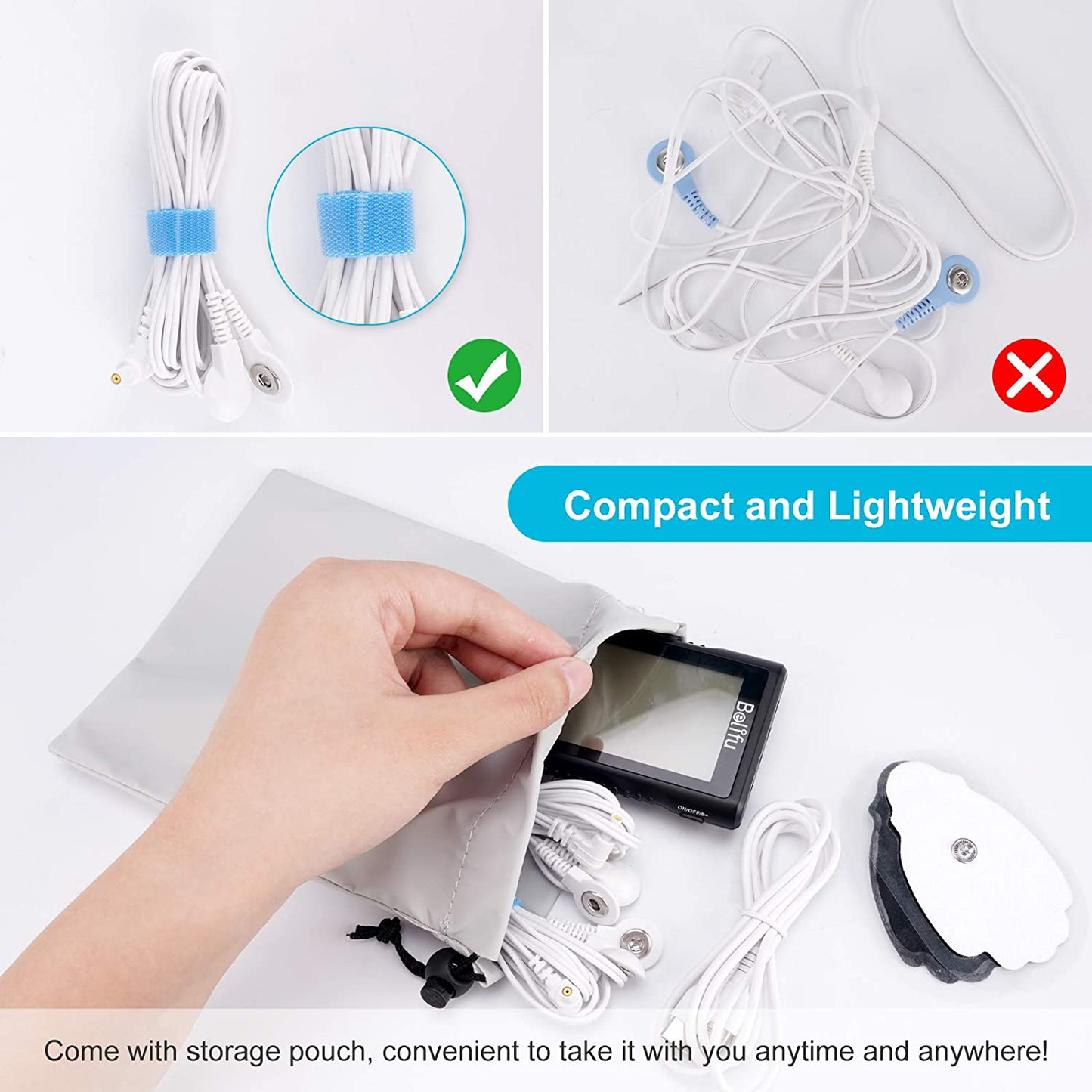 Belifu 4 Independent Channel TENS EMS Unit, 24 Modes,30 Level Intensity Muscle Stimulator Machine, Rechargeable Electric Pulse Massager with 10 Pads&5 Set Leads Wires, for Pain Relief Therapy
