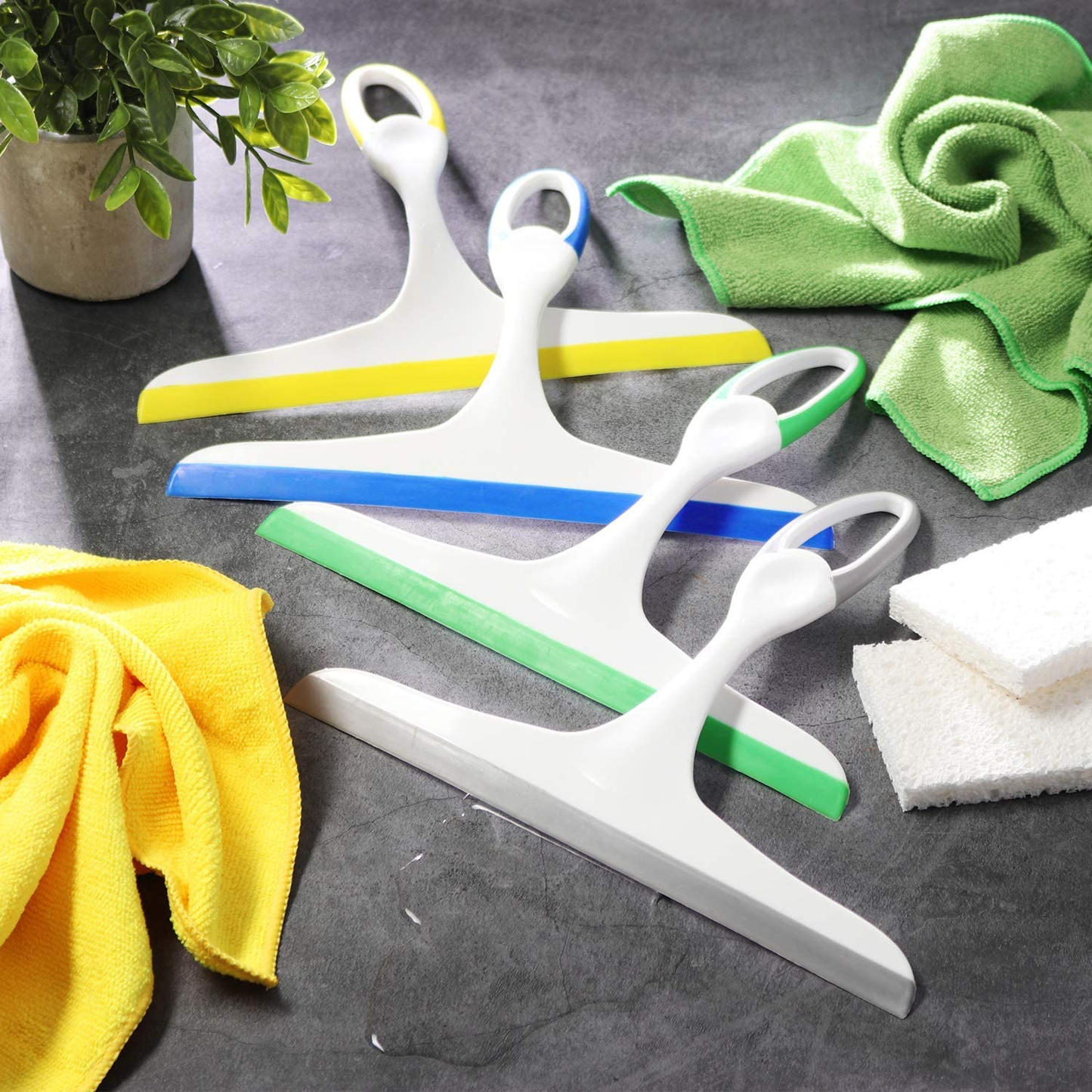 Rubber Squeegees Pack of 4: Streak-Free Handheld Squeegee Cleaner with 9.5" Silicone Blade & Hanging Hole - Wiper Cleaning Tool for Washing Shower Door, Bathroom, Kitchen, Glass, Car