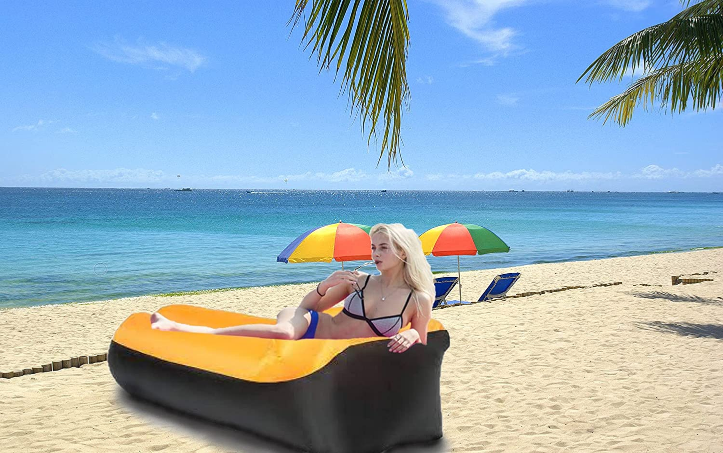 Finehouse Inflatable Air Lounger, Air Sofa, Water Proof, Anti-Air Leaking, Side Pouches, Suitable for Beach, Park or Backyard (Black and Yellow)