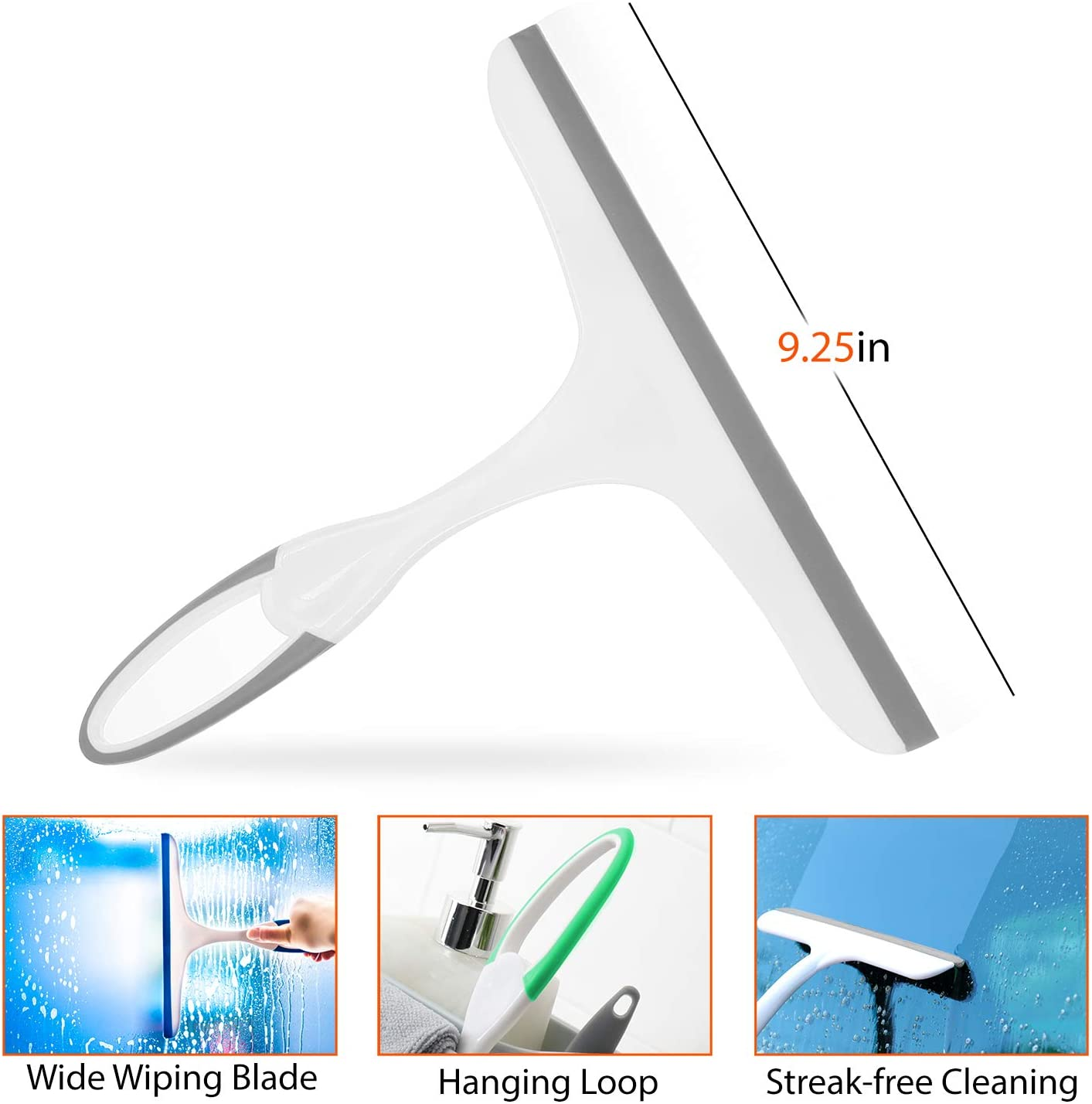 Rubber Squeegees Pack of 4: Streak-Free Handheld Squeegee Cleaner with 9.5" Silicone Blade & Hanging Hole - Wiper Cleaning Tool for Washing Shower Door, Bathroom, Kitchen, Glass, Car