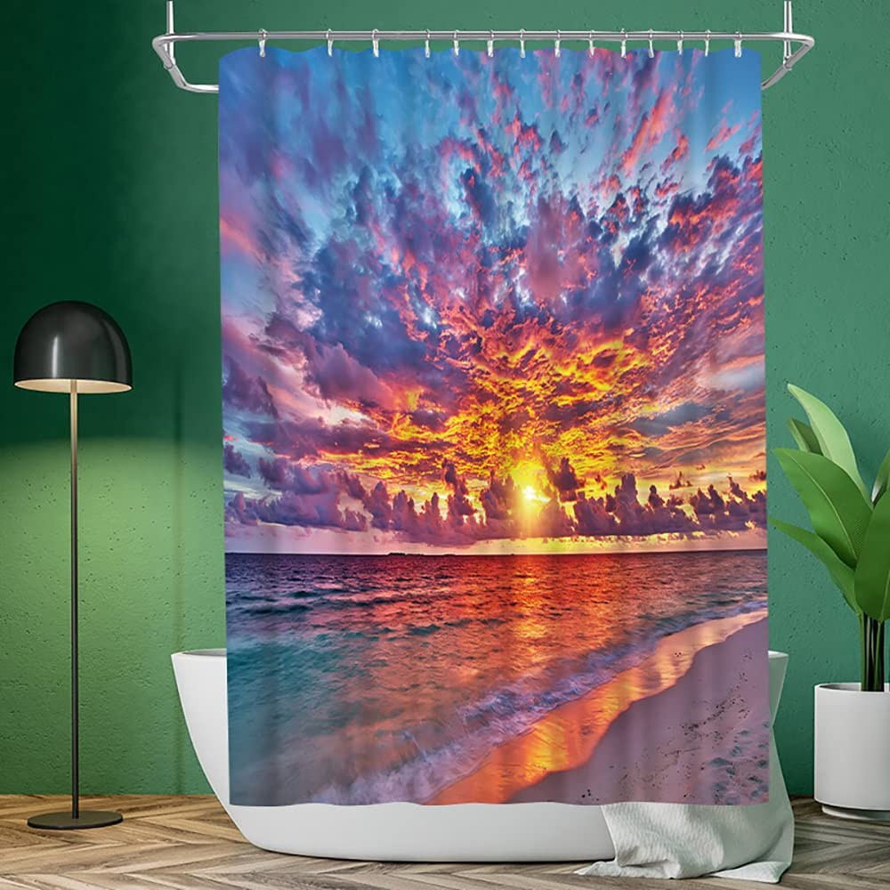 Wallall Beach Sunrise Shower Curtain Seaside Sunset Clouds Bath Curtain Coastal Orange Sun Rays Home Curtain Ocean Landscape Fabric Bathroom Curtains 72X72Inch with 12PCS Hooks