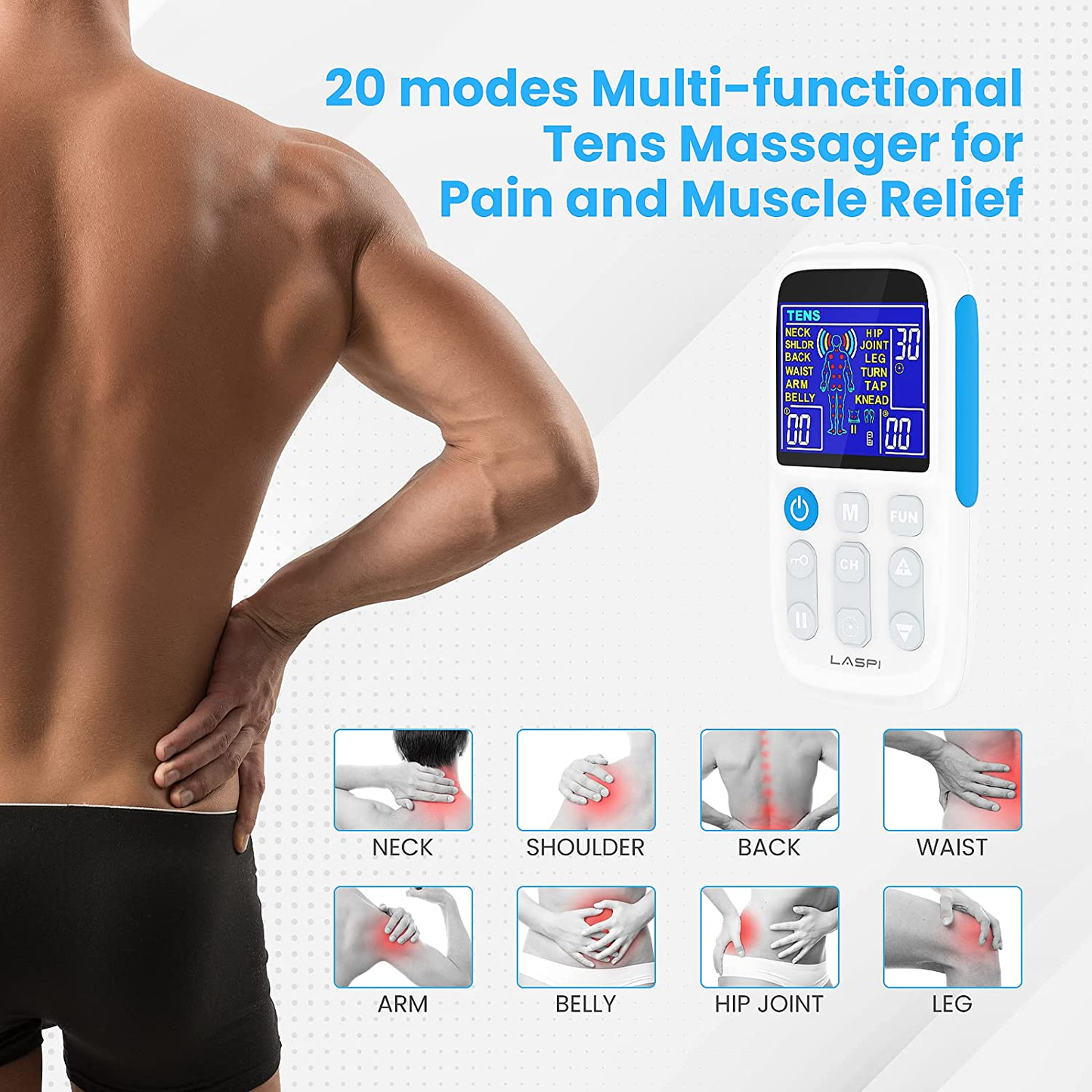TENS EMS Unit Muscle Stimulator - Four Channel Rechargeable TENS Unit Machine Electronic Pulse Massager 20 Modes with 8 Pads for Pain Relief Therapy