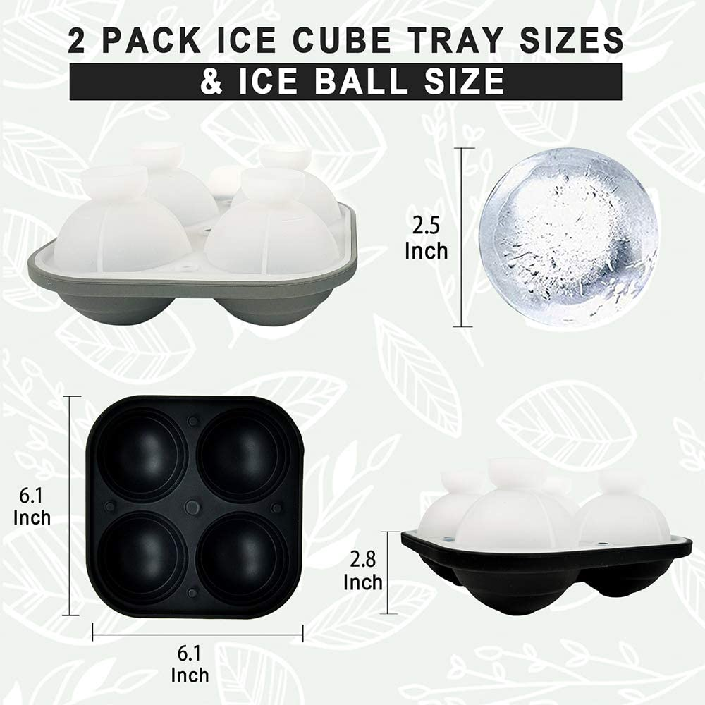 Liyuanq Ice Cube Trays 2 Pack Large Silicon Ice Cubes Mold 2-Inch Ice Ball Maker round Ice Mold with Funnel and Lid, Easy-Release, No Leakage, for Whiskey, Cocktail, Juice, Party (Black & Grey)