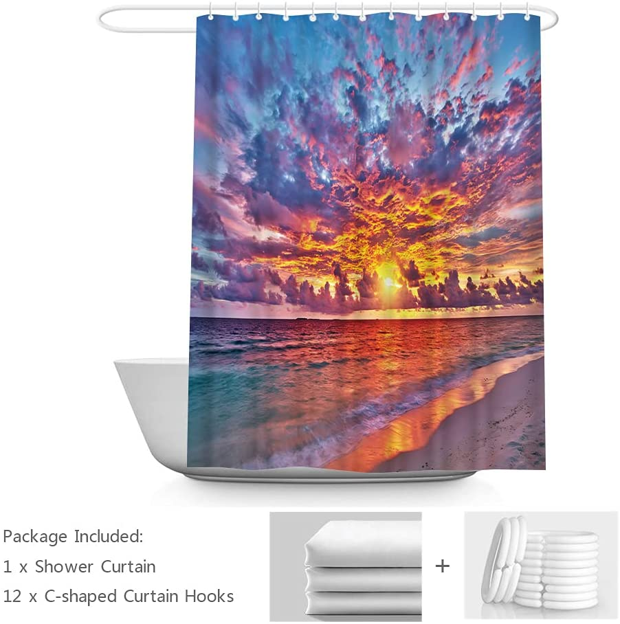 Wallall Beach Sunrise Shower Curtain Seaside Sunset Clouds Bath Curtain Coastal Orange Sun Rays Home Curtain Ocean Landscape Fabric Bathroom Curtains 72X72Inch with 12PCS Hooks