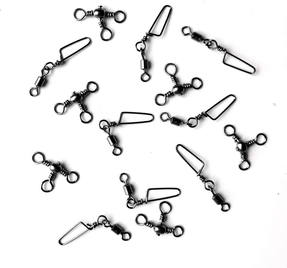 Drasry 100PCS Rolling Fishing Swivels Set High Strength Black Nickel Connector Three Way Swivels and Snap Connectors Kit for Saltwater Freshwater, 5 Size