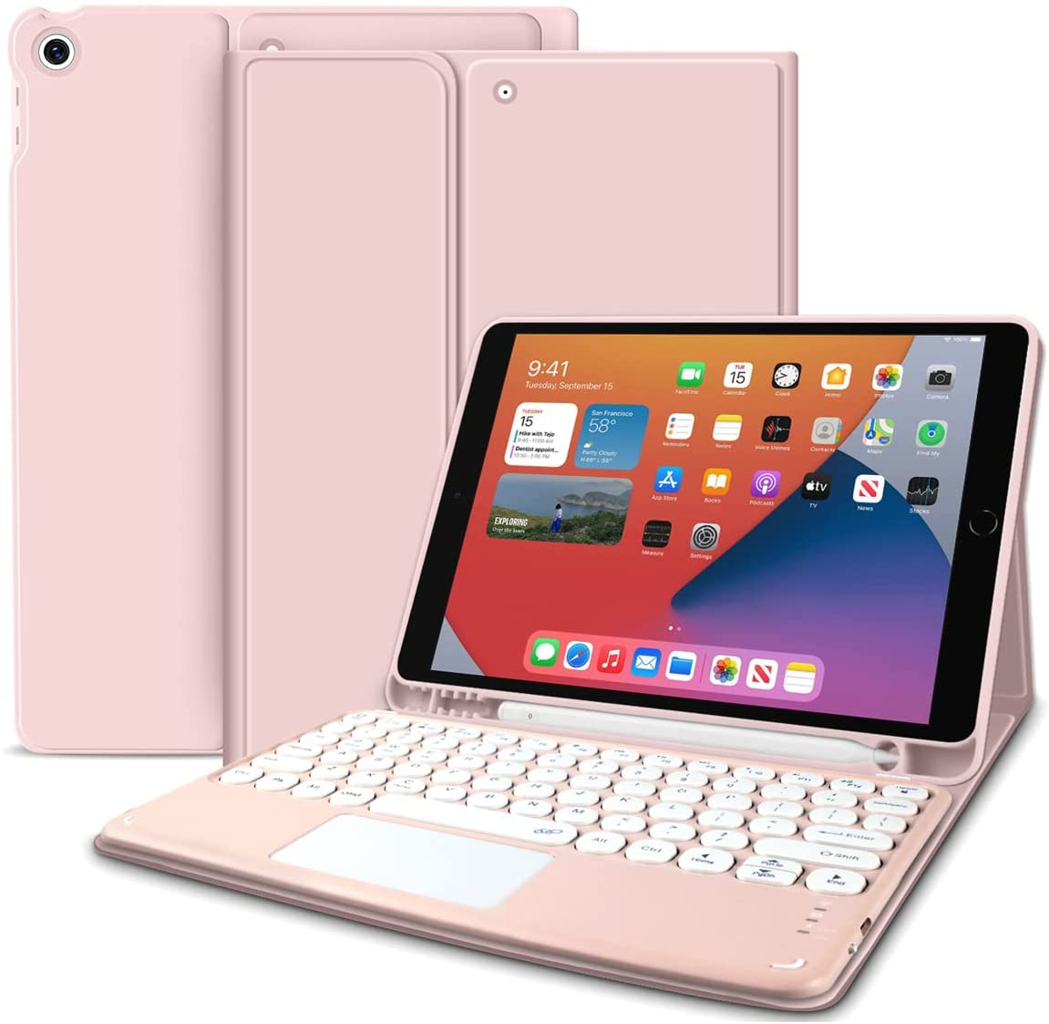 JKSML Touchpad round Key Keyboard Case for Ipad 9Th/8Th/7Th Generation with Pencil Holder,Magnetically Detachable Wireless Bluetooth Keyboard Cover for Ipad 10.2 Inch (2021/2020/2019 Model), Pink