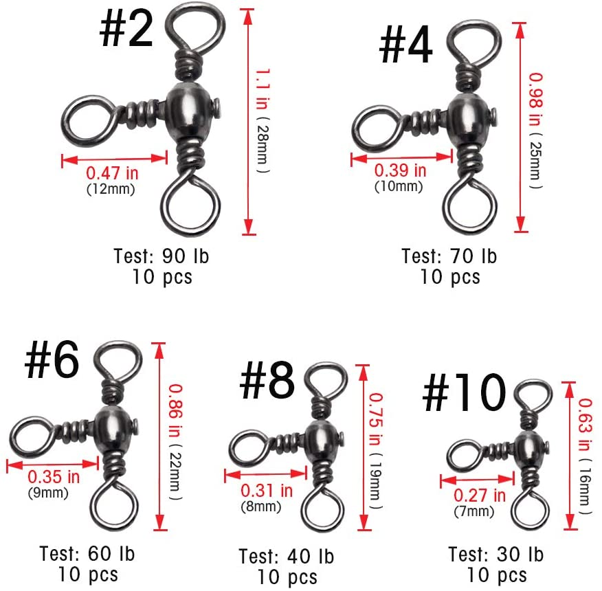 Drasry 100PCS Rolling Fishing Swivels Set High Strength Black Nickel Connector Three Way Swivels and Snap Connectors Kit for Saltwater Freshwater, 5 Size