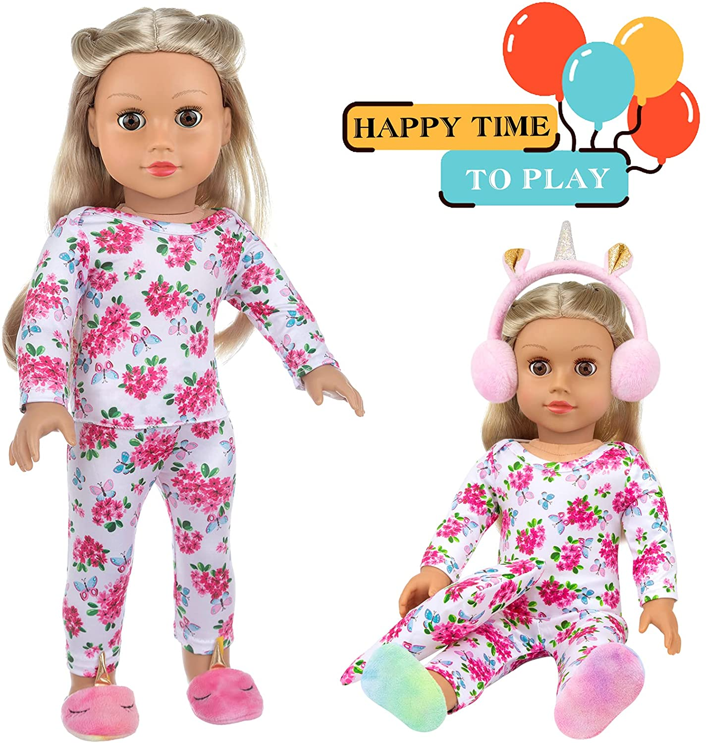 K.T. Fancy 8 PCS American 18 Inch Girl Doll Accessories Sleeping Bag Set Butterfly Flower of Sleeping Bag Clothes Pillow Pink Eye Mask Slipper&Earmuffs