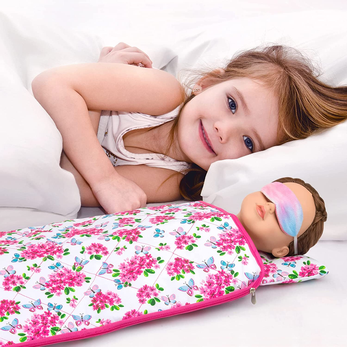 K.T. Fancy 8 PCS American 18 Inch Girl Doll Accessories Sleeping Bag Set Butterfly Flower of Sleeping Bag Clothes Pillow Pink Eye Mask Slipper&Earmuffs