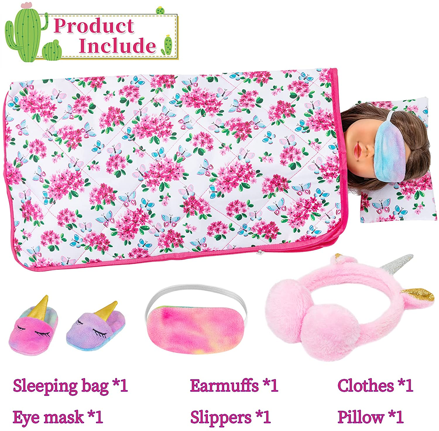 K.T. Fancy 8 PCS American 18 Inch Girl Doll Accessories Sleeping Bag Set Butterfly Flower of Sleeping Bag Clothes Pillow Pink Eye Mask Slipper&Earmuffs