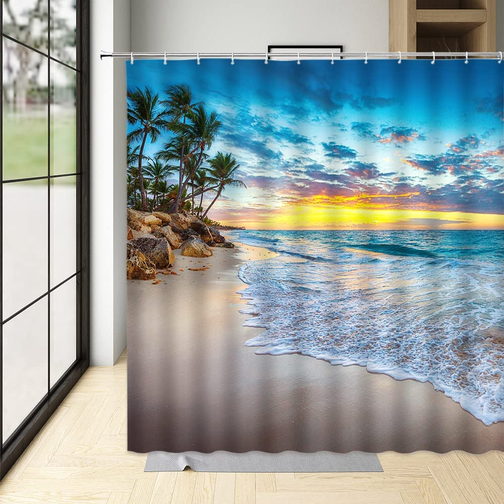 Surfboard Shower Curtain Retro Tour Bus Beach RV Camping Palm Tree Blue Sky White Clouds Summer Holiday Vacation Coastal Traveling Polyester Fabric Bathroom Curtain 90 X 70 Inch with Hook Hole