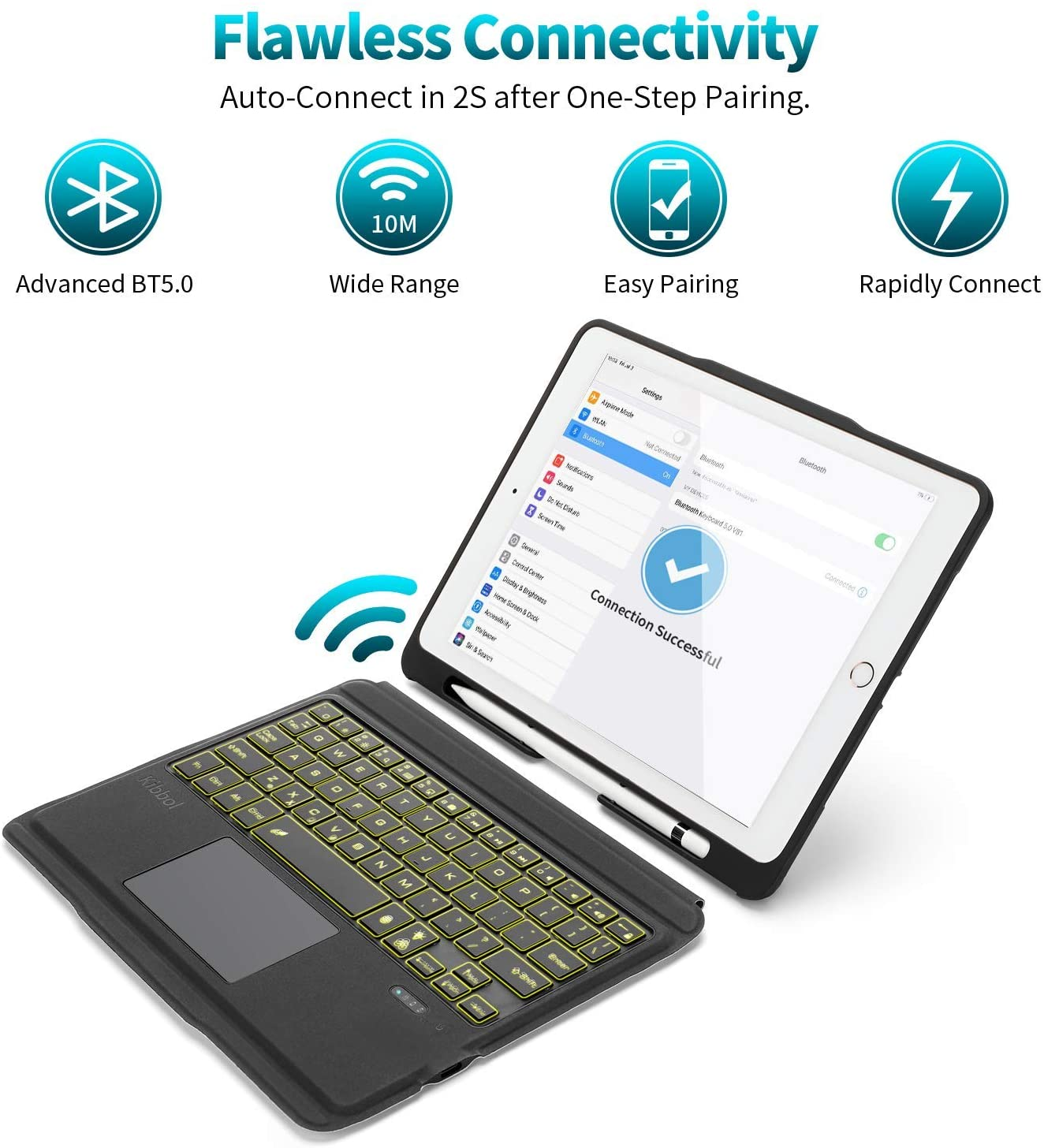 Kibbol Touchpad Ipad Keyboard Case for Ipad 10.2" 9Th Generation (2021)/8Th/7Th Gen, Pro 10.5, Air 3 - Precisive Trackpad, 7-Color Backlit, Easy Pairing - Detachable Bluetooth Keyboard Folio (Black)
