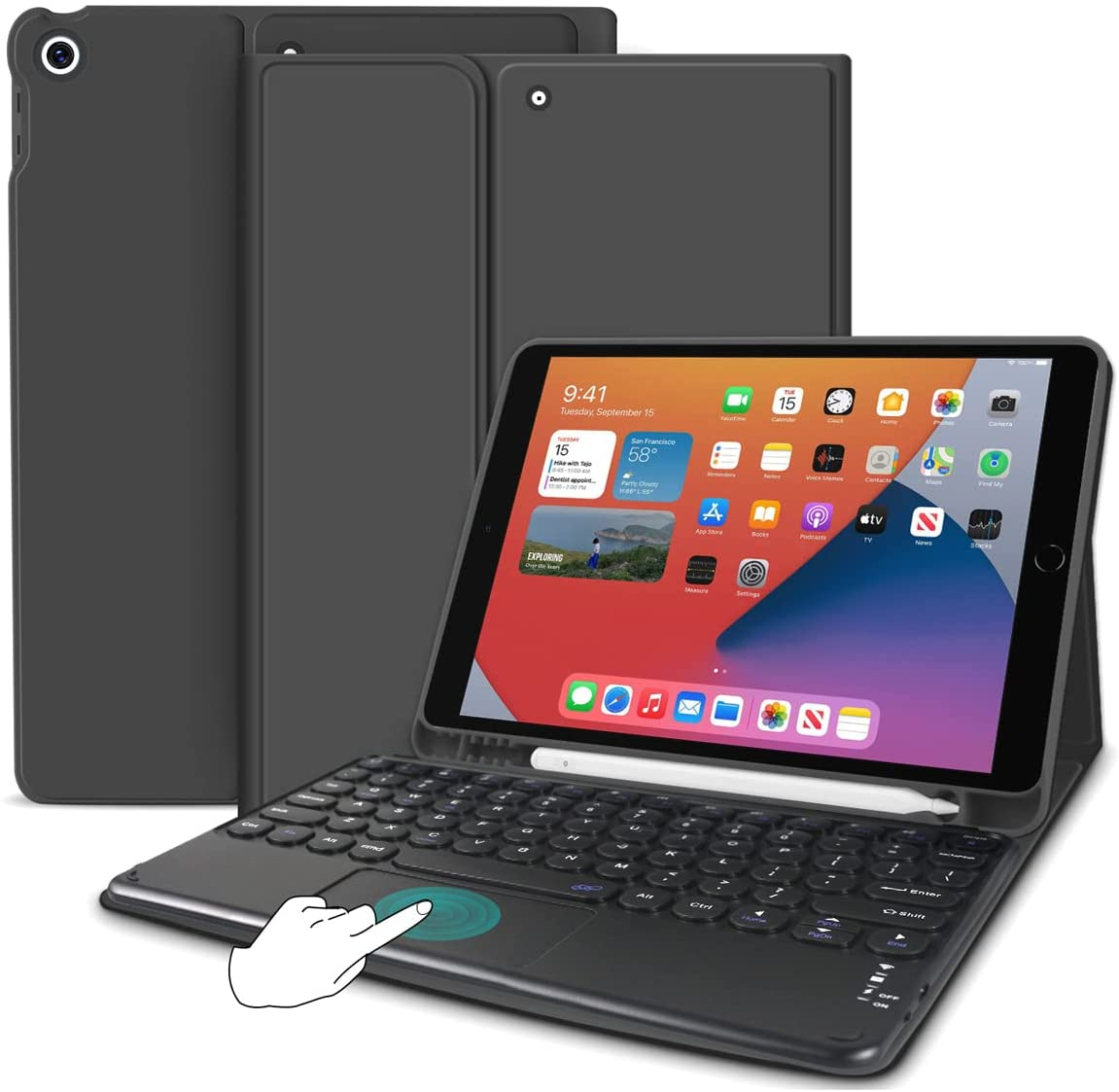 JKSML Touchpad round Key Keyboard Case for Ipad 9Th/8Th/7Th Generation with Pencil Holder,Magnetically Detachable Wireless Bluetooth Keyboard Cover for Ipad 10.2 Inch (2021/2020/2019 Model), Black