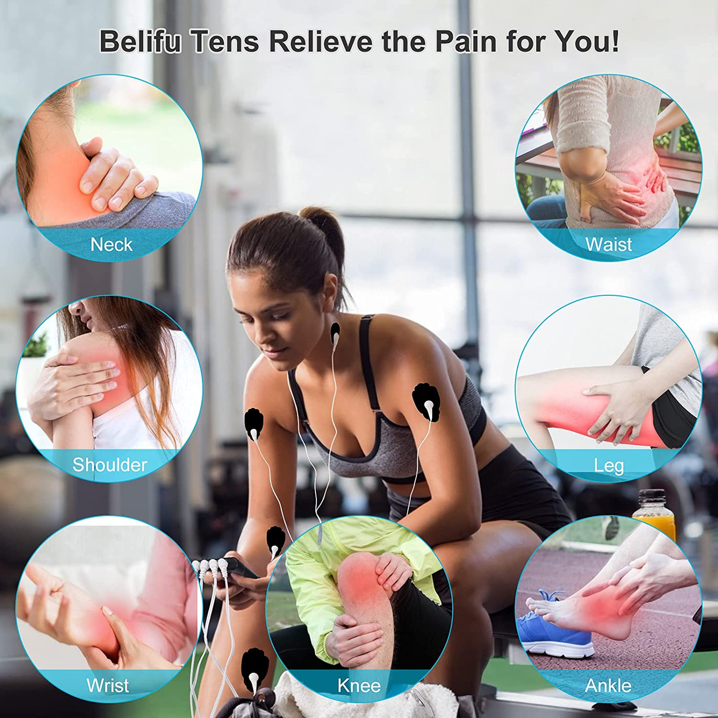 Belifu 4 Independent Channel TENS EMS Unit, 24 Modes,30 Level Intensity Muscle Stimulator Machine, Rechargeable Electric Pulse Massager with 10 Pads&5 Set Leads Wires, for Pain Relief Therapy