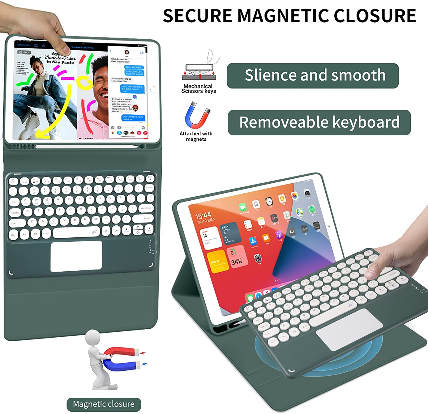 JKSML Touchpad round Key Keyboard Case for Ipad 9Th/8Th/7Th Generation with Pencil Holder,Magnetically Detachable Wireless Bluetooth Keyboard Cover for Ipad 10.2 Inch (2021/2020/2019 Model), Purple
