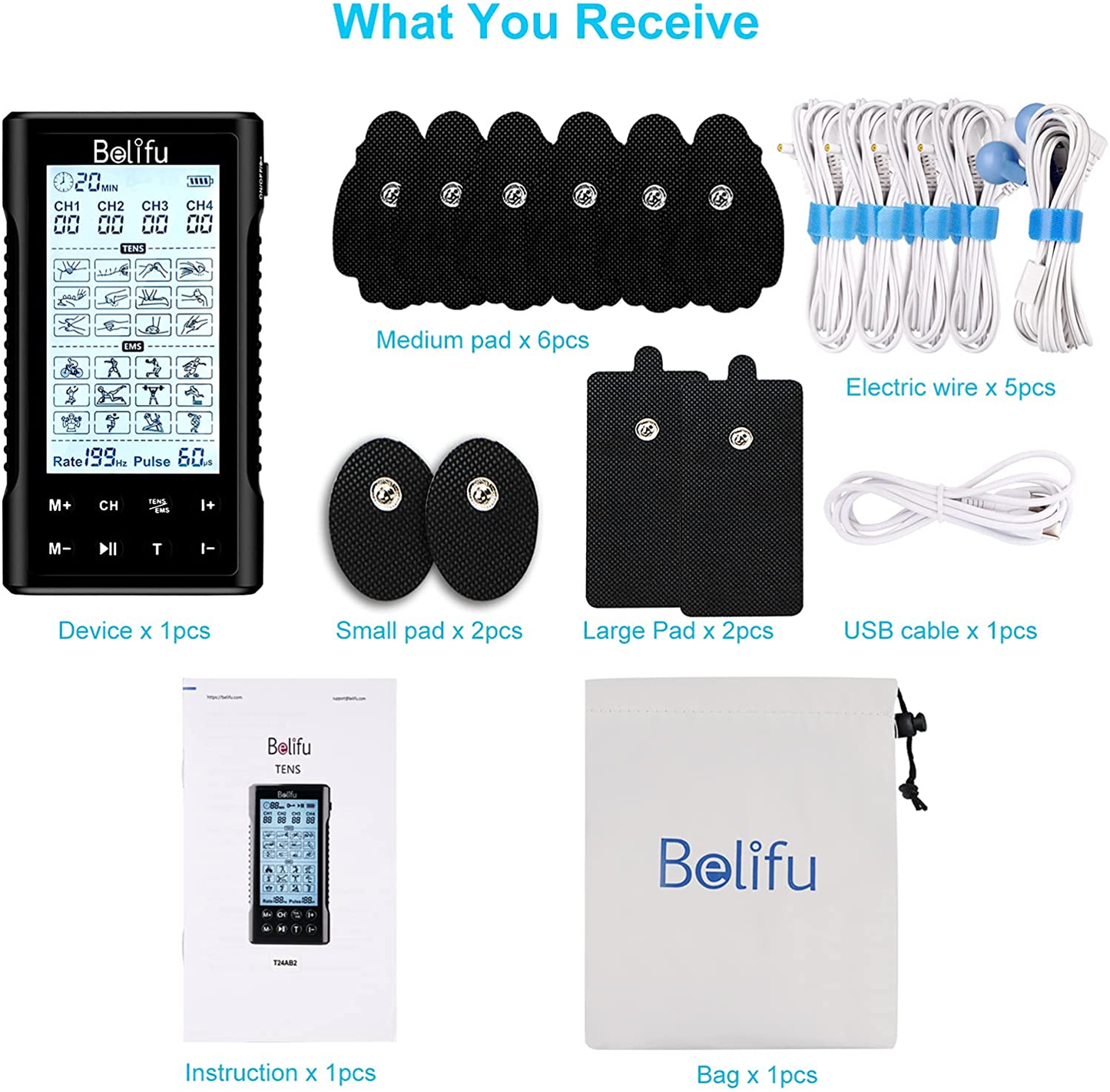 Belifu 4 Independent Channel TENS EMS Unit, 24 Modes,30 Level Intensity Muscle Stimulator Machine, Rechargeable Electric Pulse Massager with 10 Pads&5 Set Leads Wires, for Pain Relief Therapy