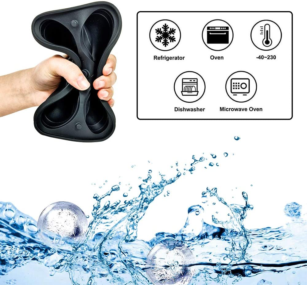 Liyuanq Ice Cube Trays 2 Pack Large Silicon Ice Cubes Mold 2-Inch Ice Ball Maker Hedgehog Ice Mold with Funnel and Lid, Easy-Release, No Leakage, for Whiskey, Cocktail, Juice, Party (Black & Grey)