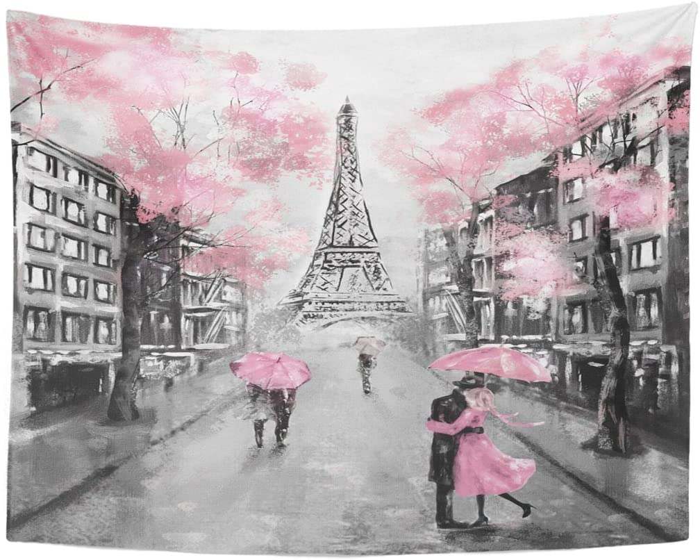 TOMPOP Tapestry Oil Painting Paris European City Landscape France Eiffel Tower Black White Pink Grey Modern Couple under Home Decor Wall Hanging Living Room Girls Bedroom Dorm 60X80 Inches