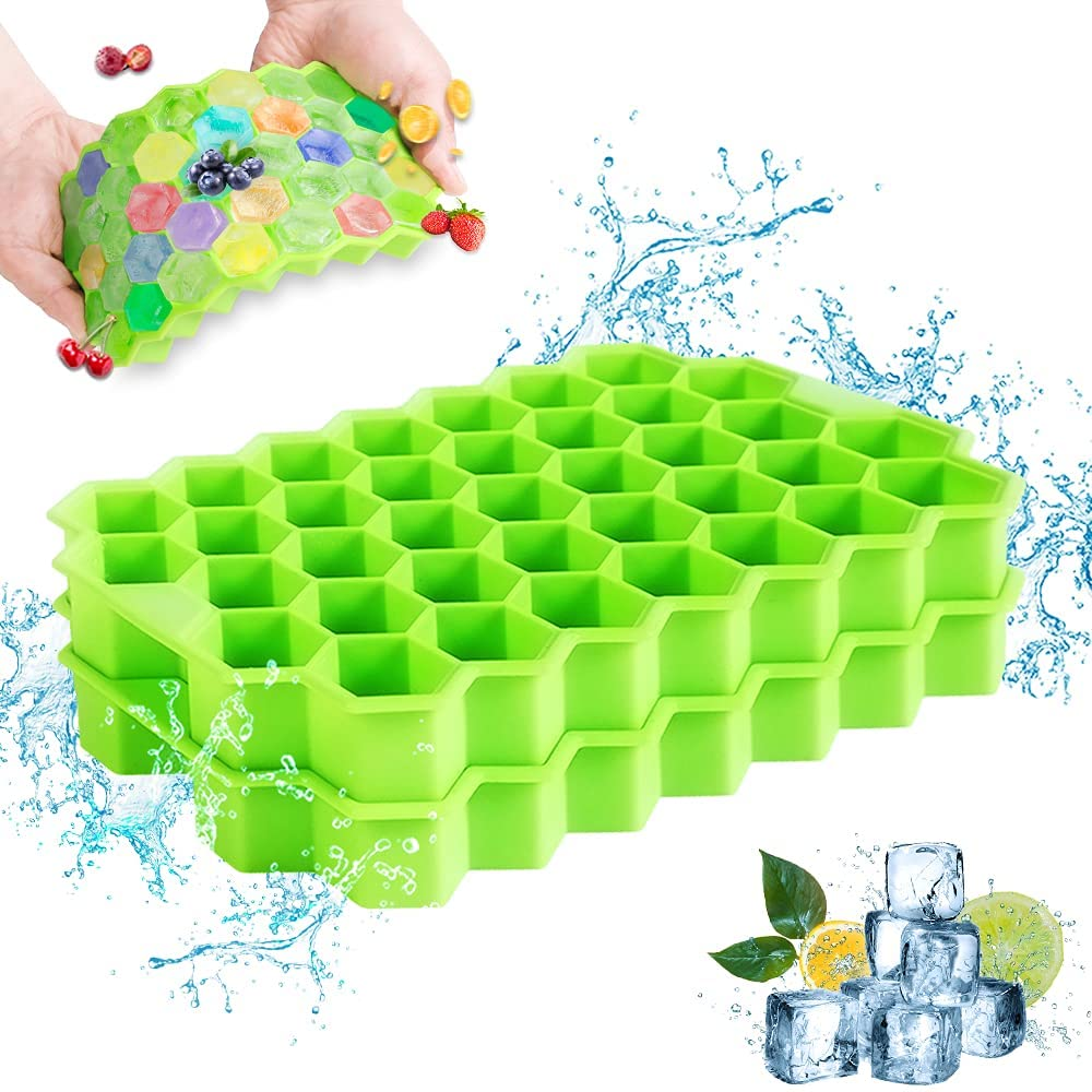 POEZJA, 2 Pack Ice Cube Trays, Silicone Flexible Ice Cube Tray, for Cooling Drinks, Whiskey and Cocktail, BPA Free, Easy Release Reusable Ice Cube Molds,Green,8.1 X 4.7 X 0.9 Inches