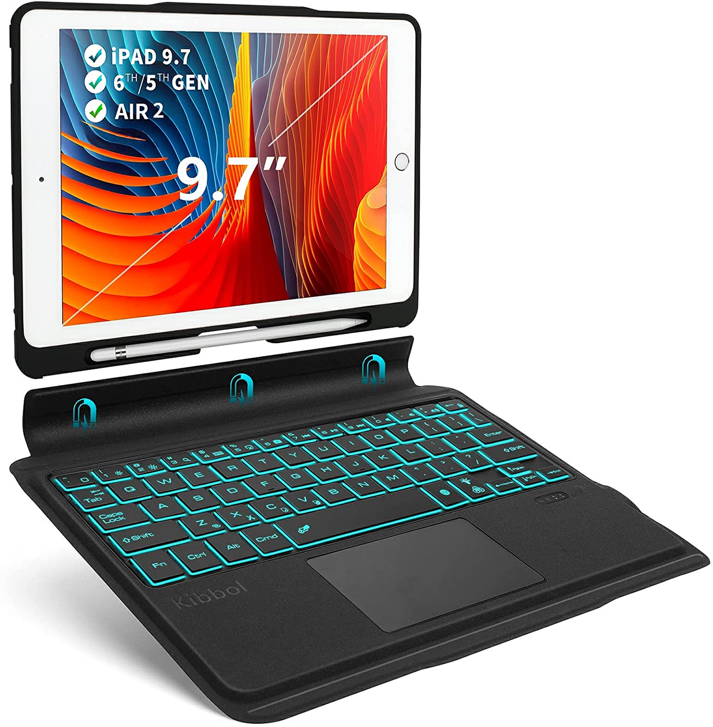 Kibbol Touchpad Ipad Keyboard Case for Ipad 10.2" 9Th Generation (2021)/8Th/7Th Gen, Pro 10.5, Air 3 - Precisive Trackpad, 7-Color Backlit, Easy Pairing - Detachable Bluetooth Keyboard Folio (Black)