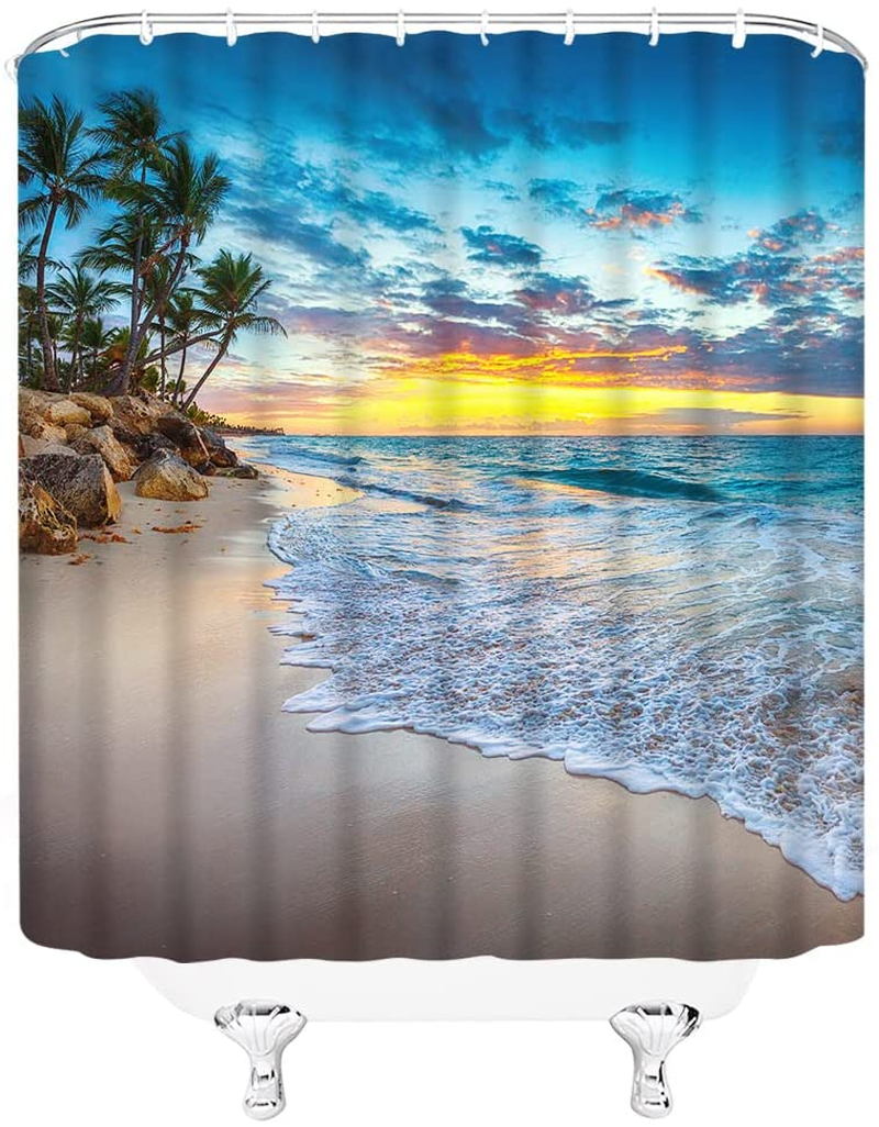 Surfboard Shower Curtain Retro Tour Bus Beach RV Camping Palm Tree Blue Sky White Clouds Summer Holiday Vacation Coastal Traveling Polyester Fabric Bathroom Curtain 90 X 70 Inch with Hook Hole