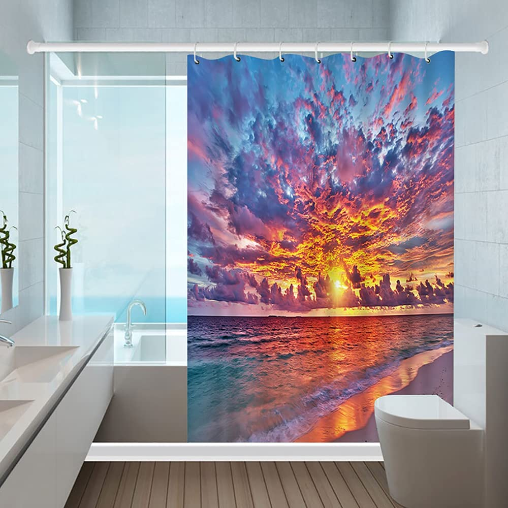 Wallall Beach Sunrise Shower Curtain Seaside Sunset Clouds Bath Curtain Coastal Orange Sun Rays Home Curtain Ocean Landscape Fabric Bathroom Curtains 72X72Inch with 12PCS Hooks