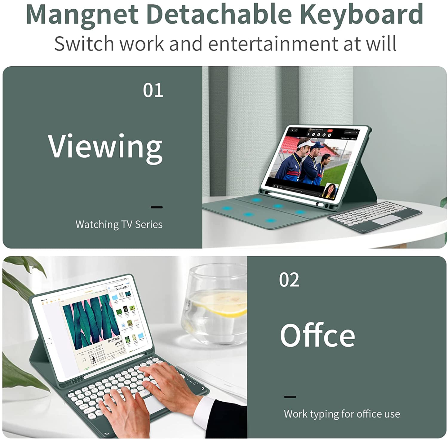 JKSML Touchpad round Key Keyboard Case for Ipad 9Th/8Th/7Th Generation with Pencil Holder,Magnetically Detachable Wireless Bluetooth Keyboard Cover for Ipad 10.2 Inch (2021/2020/2019 Model),Dark Green
