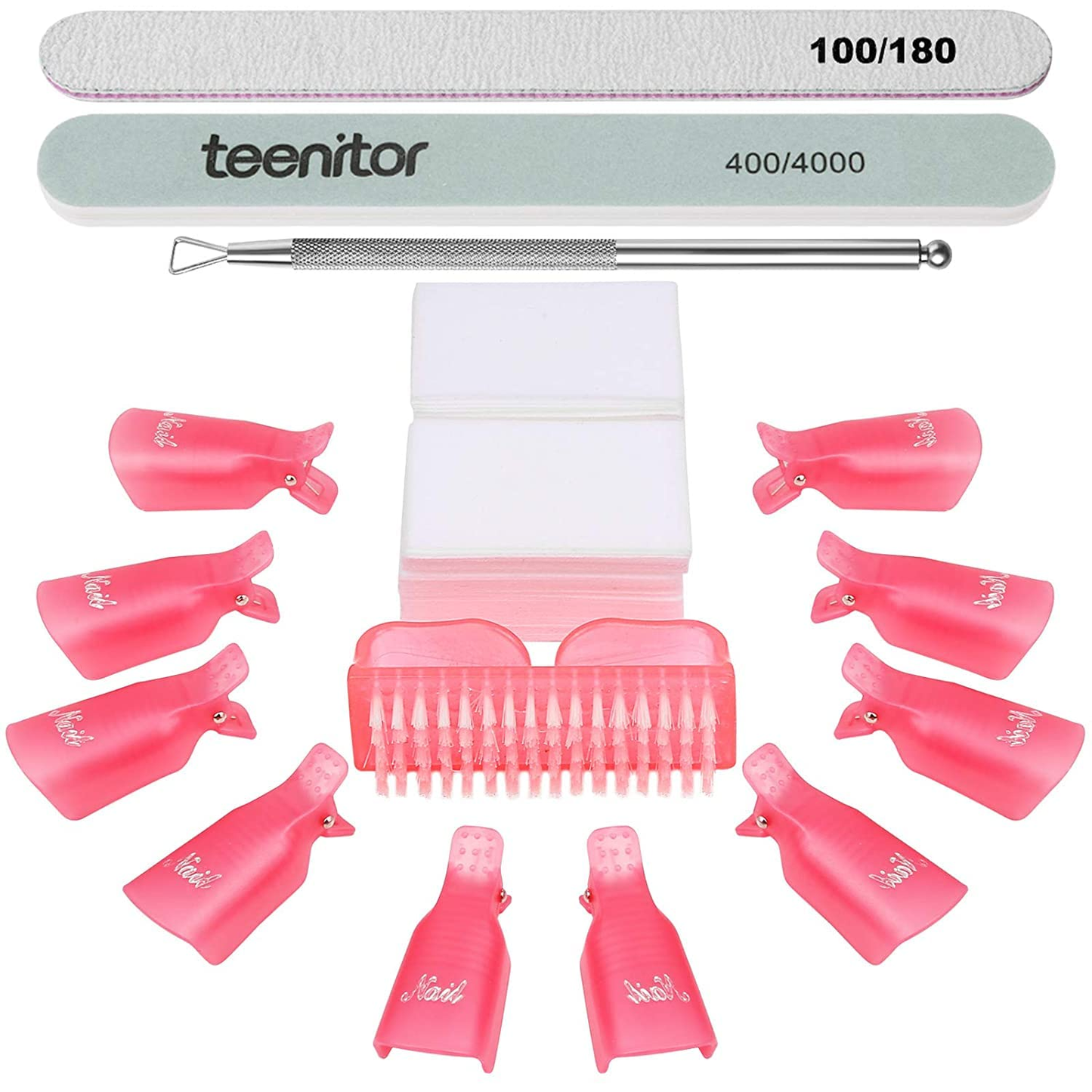 Teenitor Gel Nail Polish Remover Kit with 10Pcs Nail Polish Remover Clips Cap 115Pcs Nail Wipe Cotton Pads Nail Scraper Nail Files and Buffer Bushes - Hot Red