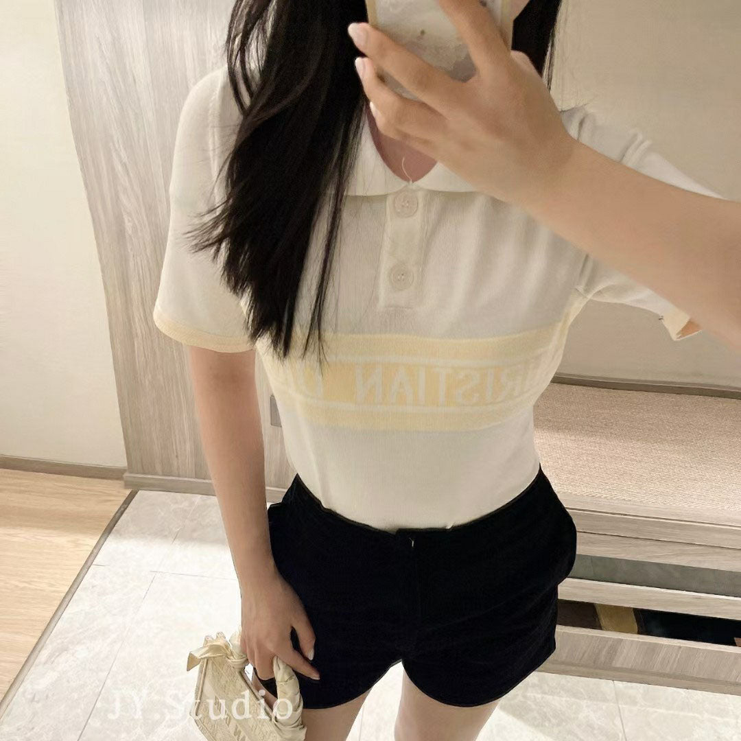 Casual Knitted Sweater Pullover Turn down Collar Short Sleeve Slim Fit