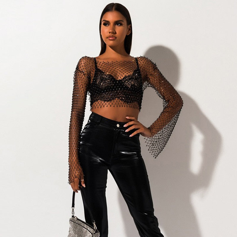 DIRTYLILY Crystal Diamond See Through Crop Tops 2020 Summer Women