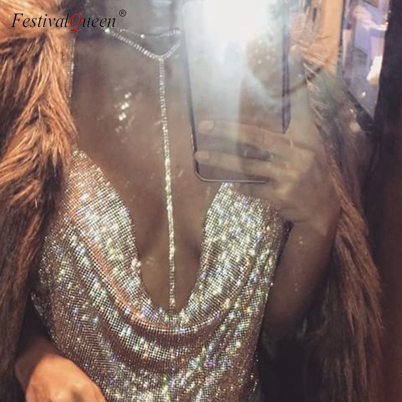 FestivalQueen Brilliant Rhinestone Backless Party Crop Top Women 2019