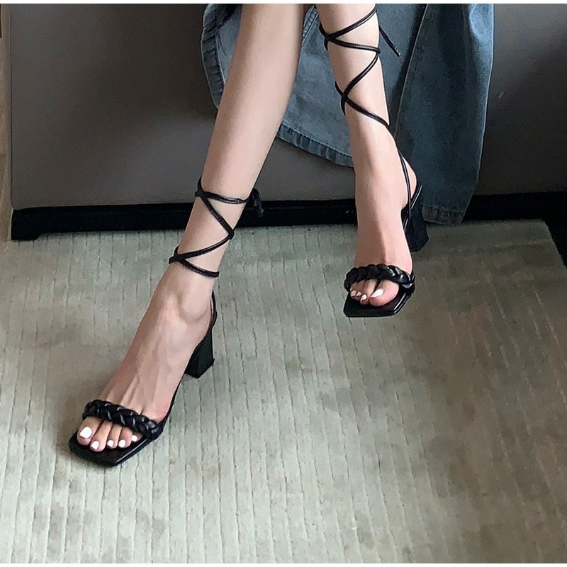 Women Sandals Mid Heels Band Square Toe PU Leather Consice Solid Shoes