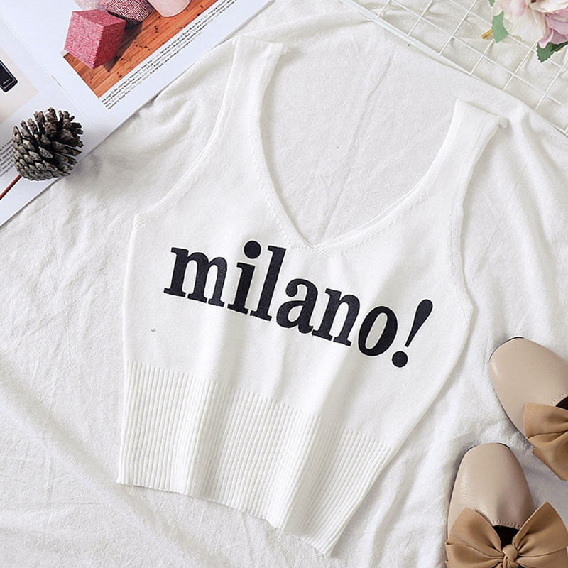 HELIAR Tops Women Sexy Crop Tops Deep V Neck Lettering milano! Camis