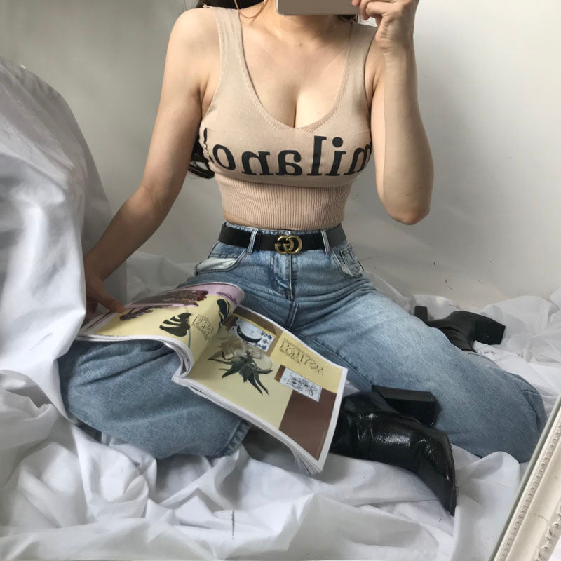 HELIAR Tops Women Sexy Crop Tops Deep V Neck Lettering milano! Camis