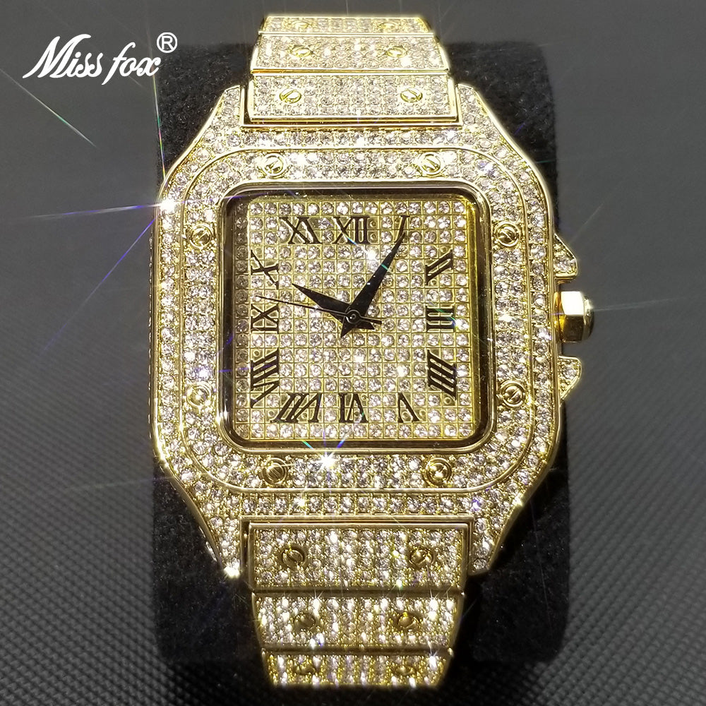 MISSFOX Hip Hop Square Watches for Men Luxury Full Diamond Iced Out