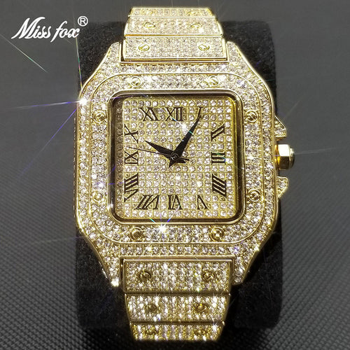 MISSFOX Hip Hop Square Watches for Men Luxury Full Diamond Iced Out