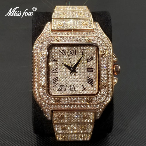 MISSFOX Hip Hop Square Watches for Men Luxury Full Diamond Iced Out